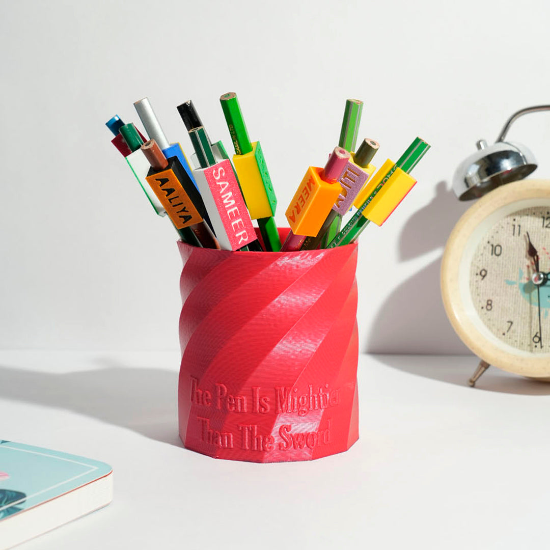 Custom pencil holder and pencil caps